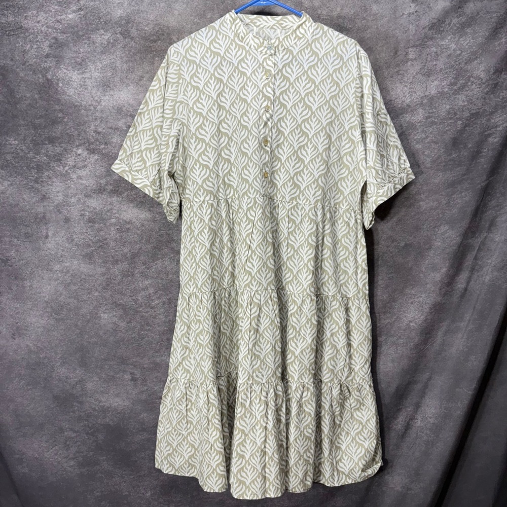 Becasa Tiered Midi Dress One Size L Tan White Leaf Block Print Cotton Coastal